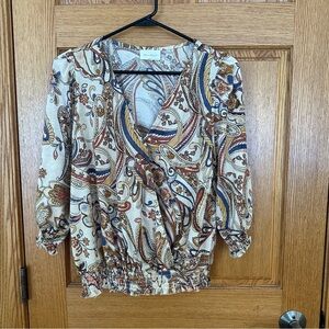 Melloday Boho Floral Smocked Wrap Top Blouse Stretch Ruffled 3/4 Sleeve. Sz Med